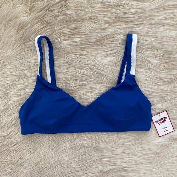 Andie x Mindy Blue White Mazarine V-Neck Sporty Rockley Bikini Top Swimsuit - Picture 2 of 12